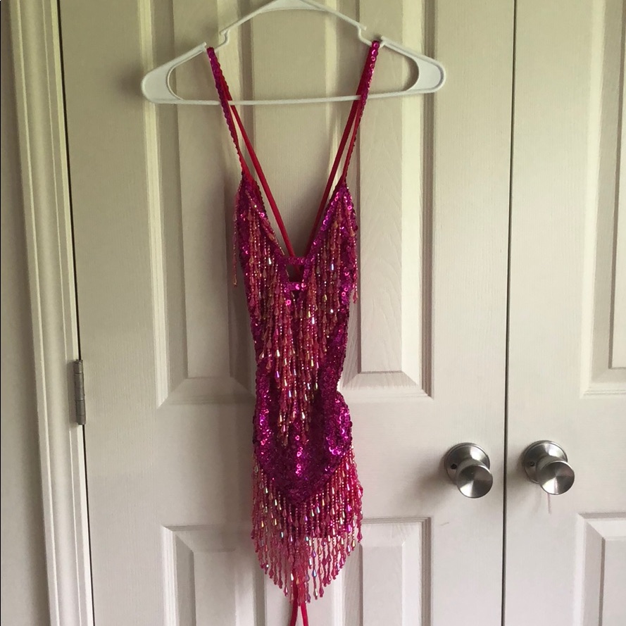 Pink Sequin Fringe V-Neck Women's Top — image 3 of 6